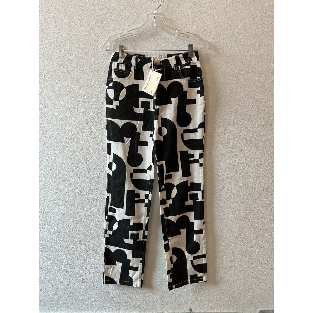 Peppermayo Black & White Straight Leg Graphic Jeans Size US 4 NWT Geometric